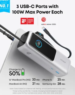 Anker Laptop Power Bank (25K, 165W, Built-In and Retractable Cables)