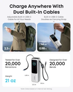 Anker Laptop Power Bank (25K, 165W, Built-In and Retractable Cables) and Anker USB-C to USB-C Cable (6 ft, 240W, Upcycled-Braided)