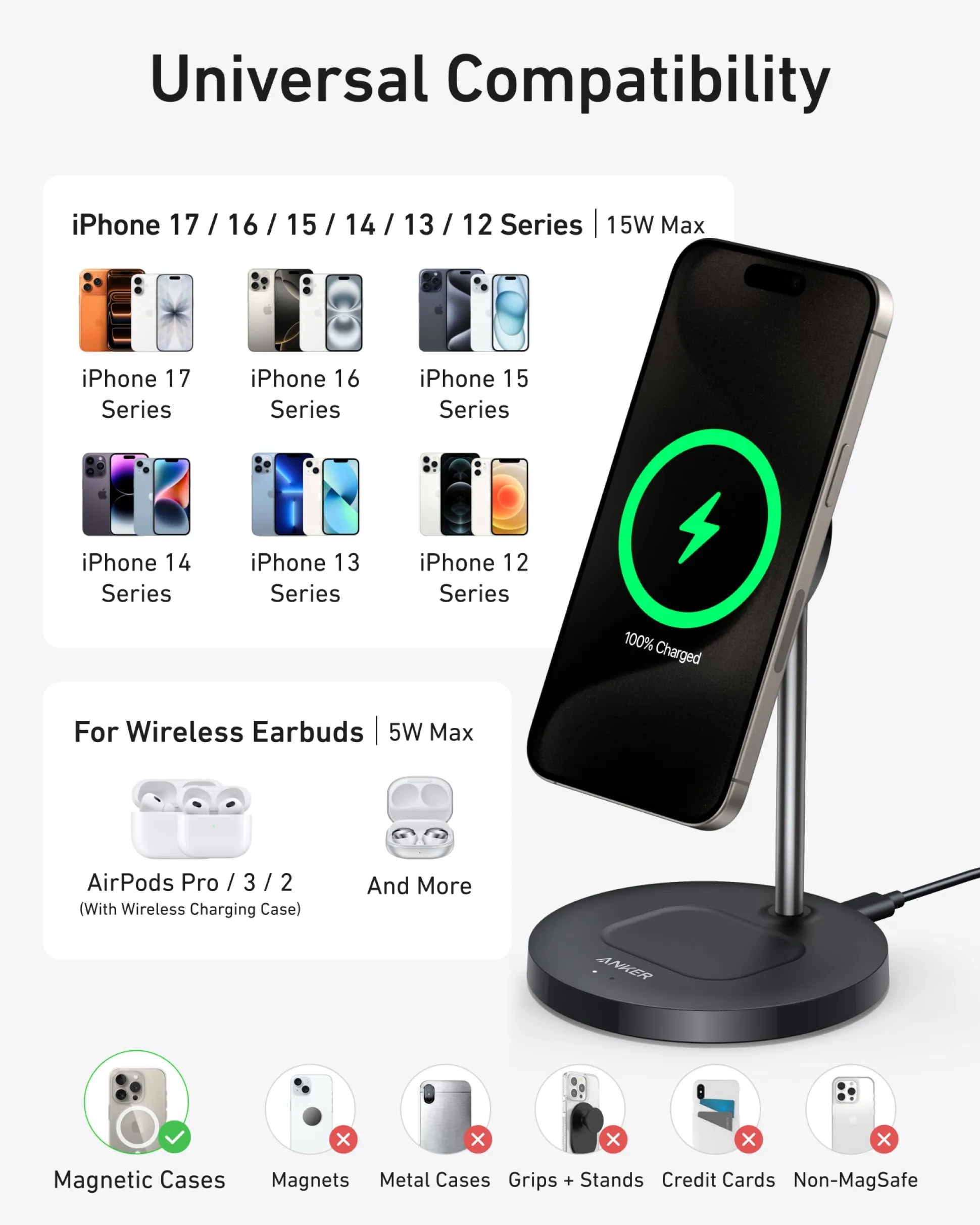 Anker MagGo Wireless Charger (2-in-1, Stand, 40W Adapter Included)