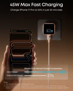 Anker Nano Charger (45W, Smart Display, 180° Foldable) and USB-C to USB-C Cable