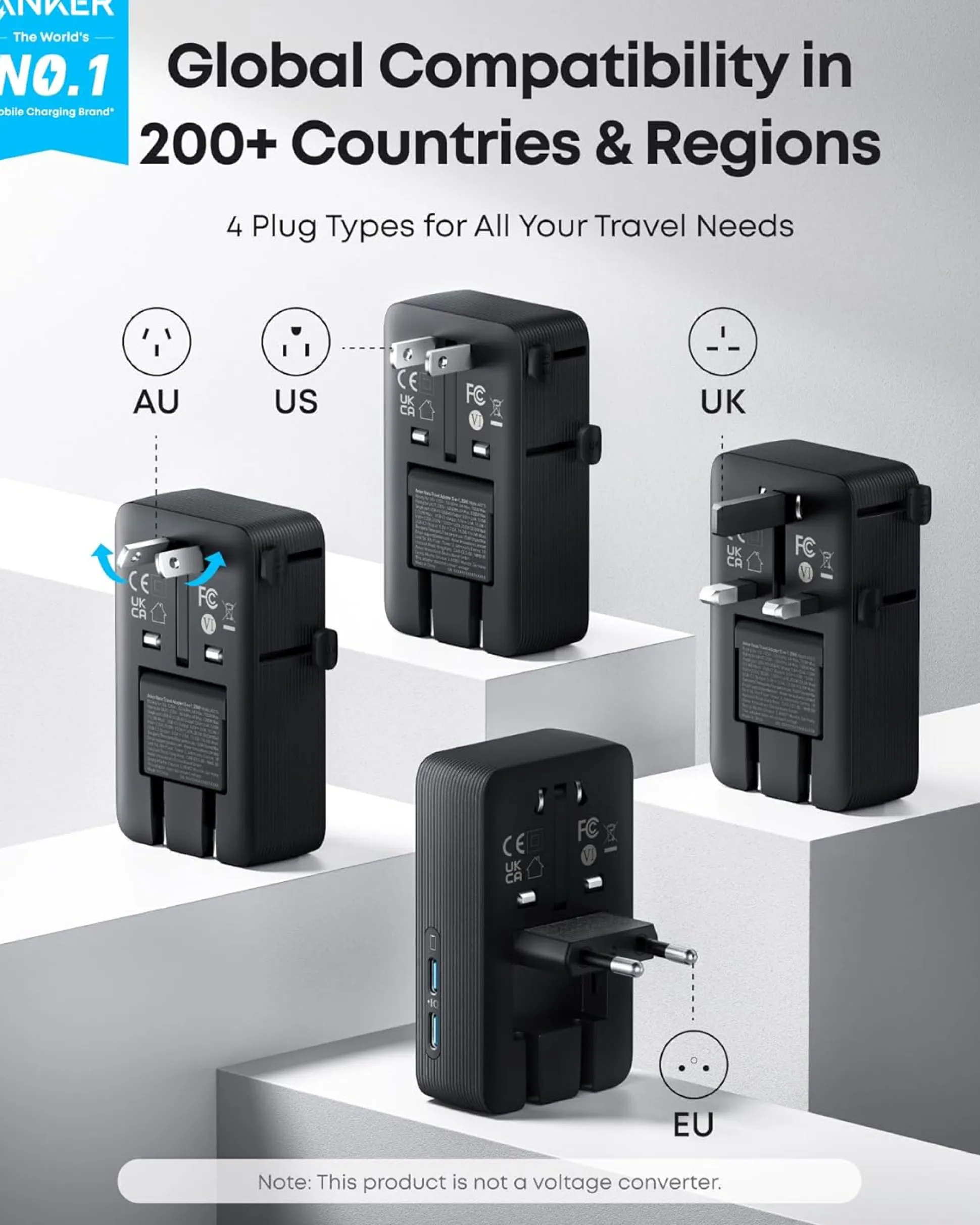 Anker Nano Travel Adapter (5-in-1, 20W, 2-Pack)