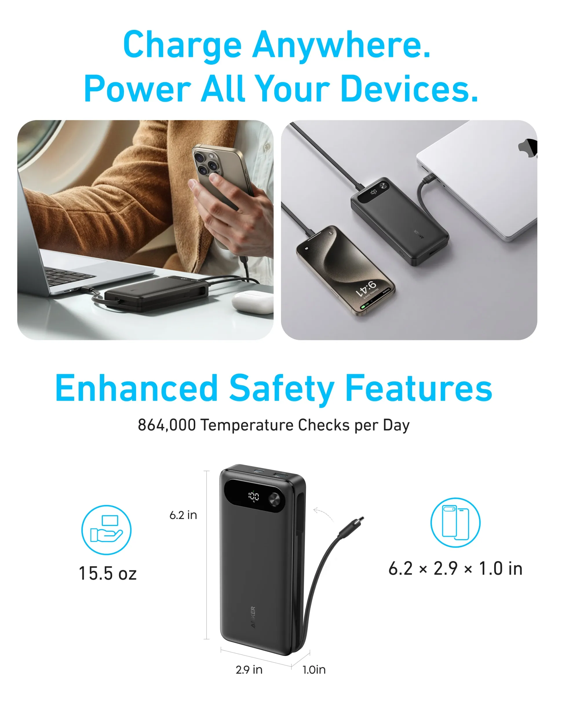 Anker Power Bank (20K, 87W, Built-In USB-C Cable)