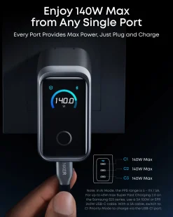 Anker Prime Charger (160W, 3 Ports, Smart Display) with Anker Prime USB-C to USB-C Cable (240W, Upcycled-Braided)