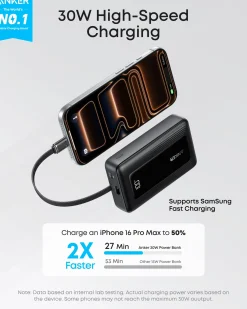 Anker Zolo Power Bank (10K, 30W) with a 5.4-inch (13.7 cm) built-in USB-C cable.